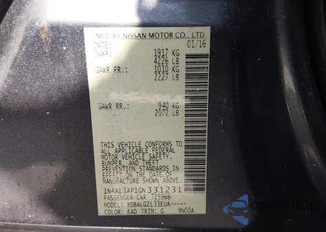 2016 Nissan Altima 2.5/2.5 S/2.5 Sl/2.5 Sr/2.5 Sv from USA, damaged, VIN 1N4AL3AP1GN331231